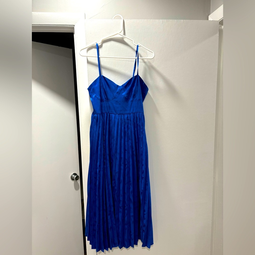 Chic Sensibility Cobalt Blue Satin Jacquard Pleated Midi Dress